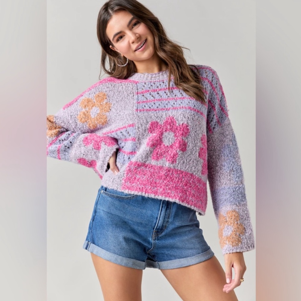 Francesca’s Carolina Mixed Pattern Fuzzy Pullover Sweater - Size XS